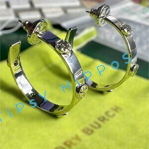 Tory Burch Silver Miller Logo Stud Hoop Earrings